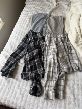 Plaid Button-Up Hoodie Shirt Duo - Black & Gray / Cream & Gray